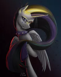 Size: 2544x3202 | Tagged: safe, artist:grayscalemlp, derpibooru import, daybreaker, princess celestia, between dark and dawn, angry, image, mane of fire, mid-transformation, png, punklestia, raised hoof, signature, slit pupils, solo