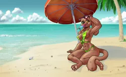 Size: 1280x777 | Tagged: suggestive, artist:pencils, derpibooru import, oc, oc:chalk, unofficial characters only, anthro, diamond dog, digitigrade anthro, absolute cleavage, armpits, beach, beach umbrella, belly button, bikini, bow, breasts, cleavage, clothes, cloud, conch, eating, erect nipples, female, female diamond dog, food, image, looking at you, nipple outline, ocean, palm tree, paw pads, paws, png, popsicle, raised arm, sand, sitting, smiling, solo, solo female, sunglasses, swimsuit, tree, umbrella, underpaw, water