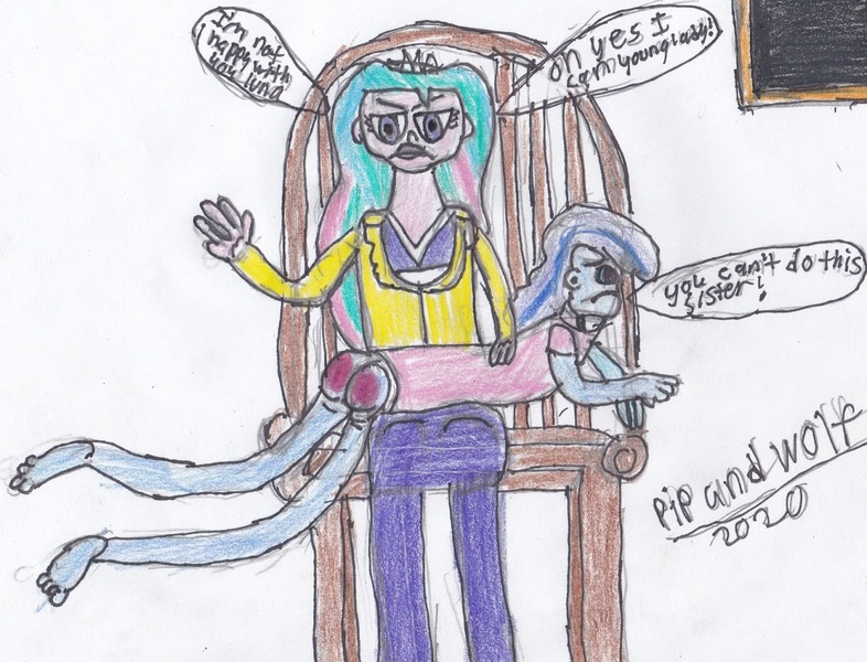 Size: 1274x972 | Tagged: questionable, artist:pipandwolf, derpibooru import, princess celestia, princess luna, human, equestria girls, chair, clothes, female, image, jpeg, over the knee, principal celestia, punishment, quality, spanking, traditional art, vice principal luna