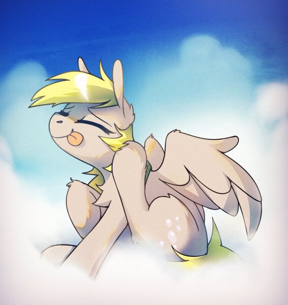 Size: 1066x1129 | Tagged: safe, artist:anticular, derpibooru import, derpy hooves, pegasus, pony, behaving like a dog, chest fluff, cloud, cute, derpabetes, ear fluff, ear scratch, eyes closed, female, image, jpeg, leg fluff, mare, mlem, on a cloud, scratching, silly, silly pony, sitting, sky, solo, tongue out