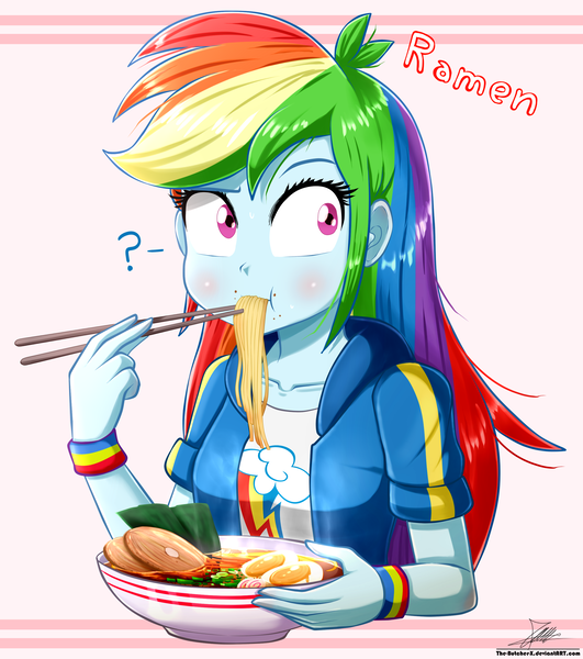 Size: 2408x2720 | Tagged: safe, artist:the-butch-x, derpibooru import, rainbow dash, equestria girls, equestria girls series, bowl, chopsticks, clothes, cute, cutie mark, cutie mark on clothes, dashabetes, eating, egg, female, food, image, jacket, meat, noodle bowl, noodles, png, question mark, ramen, shirt, slurp, solo, sweatband, t-shirt