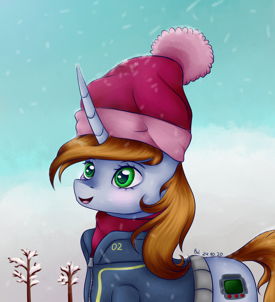 Size: 2000x2200 | Tagged: safe, artist:brilliant-luna, derpibooru import, oc, oc:littlepip, pony, unicorn, fallout equestria, blushing, clothes, female, hat, image, jpeg, open mouth, scarf, smiling, snow, solo, winter