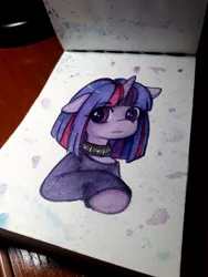 Size: 600x800 | Tagged: safe, artist:drawsyraccoon, derpibooru import, twilight sparkle, pony, clothes, collar, image, jpeg, solo, traditional art