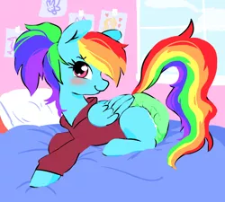 Size: 1280x1152 | Tagged: safe, artist:onc3l3rphobix, derpibooru import, rainbow dash, pegasus, pony, bed, bedroom, blushing, clothes, cute, diaper, diaper fetish, fetish, hoodie, image, jpeg, lying down, ponytail, solo, sweater