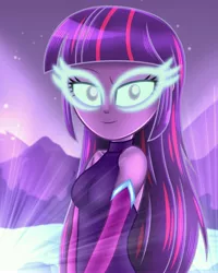 Size: 3120x3901 | Tagged: safe, artist:aryatheeditor, derpibooru import, twilight sparkle, equestria girls, bare shoulders, beautiful, bedroom eyes, bust, clothes, cute, derpibooru exclusive, digital art, dress, evening gloves, female, gloves, glow, glowing eyes, image, jpeg, long gloves, looking at you, midnight sparkle, mountain, night, outfit, sleeveless, sleeveless turtleneck, smiling at you, twiabetes