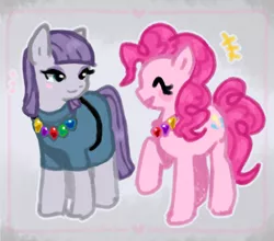 Size: 1164x1023 | Tagged: safe, artist:pxunii, derpibooru import, maud pie, pinkie pie, earth pony, pony, blush sticker, blushing, cute, duo, eyes closed, female, happy, image, mare, pie sisters, png, rock candy, rock candy necklace, siblings, sisters, smiling, when she smiles