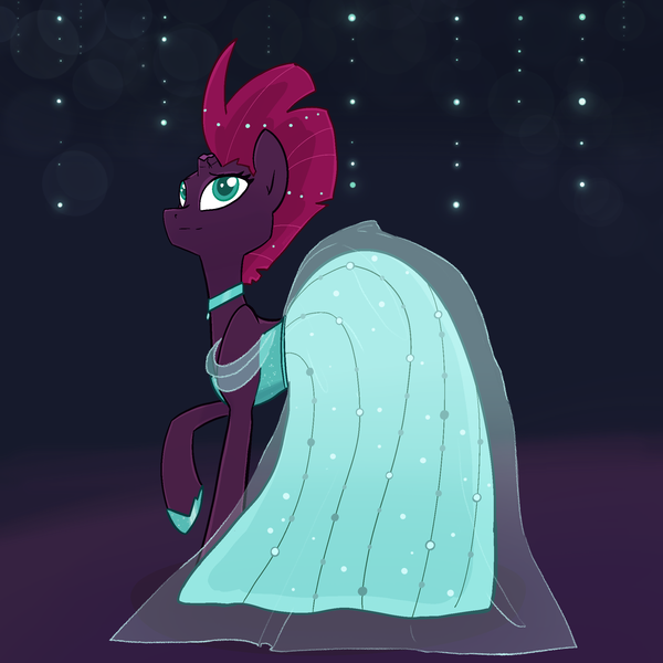 Size: 2048x2048 | Tagged: safe, artist:pfeffaroo, derpibooru import, fizzlepop berrytwist, tempest shadow, pony, unicorn, broken horn, clothes, dress, female, gala dress, hoof shoes, horn, image, jewelry, looking up, mare, necklace, png, pretty pretty tempest, raised hoof, solo, standing