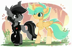 Size: 3200x2100 | Tagged: safe, artist:liquorice_sweet, derpibooru import, oc, unofficial characters only, earth pony, pegasus, pony, bad dragon, blushing, cheek fluff, chest fluff, clothes, eye clipping through hair, female, forest, grass, hoodie, image, jpeg, lesbian, looking at each other, oc x oc, scenery, sex toy, shipping, smiling, tree, walking