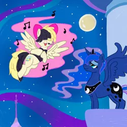 Size: 1080x1080 | Tagged: safe, artist:mediocremare, derpibooru import, princess luna, songbird serenade, alicorn, pegasus, pony, my little pony: the movie, clothes, duo, female, flying, full moon, headworn microphone, horn, image, jewelry, jpeg, mare, moon, music notes, outdoors, peytral, singing, tiara, wings