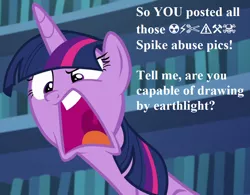 Size: 924x720 | Tagged: safe, derpibooru import, edit, edited screencap, screencap, twilight sparkle, alicorn, every little thing she does, angry, book, censored vulgarity, cropped, faic, grawlixes, image, library, long neck, offscreen character, png, solo, speech, talking, twilight sparkle (alicorn)