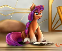 Size: 3600x3000 | Tagged: safe, artist:pizzavioletgirl, derpibooru import, sunny starscout, earth pony, pony, my little pony: a new generation, book, braid, chest fluff, ear fluff, female, g5, high res, image, jpeg, looking down, mare, reading, signature, sitting, smiling, solo, unshorn fetlocks