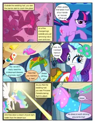 Size: 612x792 | Tagged: safe, artist:newbiespud, derpibooru import, edit, edited screencap, screencap, princess celestia, rarity, twilight sparkle, alicorn, changeling, pony, unicorn, comic:friendship is dragons, a canterlot wedding, blast, clothes, comic, dialogue, dress, eyelashes, female, flower, flower in hair, flying, glowing horn, hoof shoes, horn, image, magic, magic beam, magic blast, mare, mouth hold, peytral, png, screencap comic, unicorn twilight