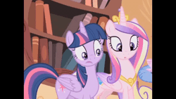 Size: 600x338 | Tagged: safe, derpibooru import, screencap, discord, princess cadance, twilight sparkle, twilight sparkle (alicorn), alicorn, bee, insect, pony, three's a crowd, :o, animated, cropped, crown, cute, cutedance, duo focus, female, gif, glass of water, golden oaks library, image, jewelry, library, mare, necklace, open mouth, regalia, sisters-in-law, twiabetes