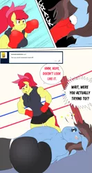 Size: 1631x3072 | Tagged: semi-grimdark, artist:matchstickman, derpibooru import, apple bloom, oc, oc:calm wind, anthro, earth pony, pegasus, pony, tumblr:where the apple blossoms, abs, apple bloom's bow, apple brawn, biceps, black eye, bow, boxing, boxing gloves, boxing ring, breasts, busty apple bloom, clothes, comic, deltoids, dialogue, duo, female, hair bow, image, injured, male, mare, matchstickman's apple brawn series, muscles, offscreen character, older, older apple bloom, onomatopoeia, pecs, pegasus oc, png, shorts, speech bubble, sports, sports shorts, stallion, thighs, this ended in pain, thunder thighs, tumblr comic, wings