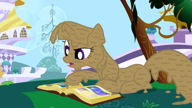 Size: 1280x720 | Tagged: safe, derpibooru import, edit, edited screencap, screencap, twilight sparkle, pony, unicorn, friendship is magic, book, book of harmony, covered in mud, dirty, female, image, lying down, mare, messy, mud, mud edit, muddy, paint.net, png, prone, reading, solo, unicorn twilight, wet and messy