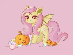 Size: 1940x1451 | Tagged: safe, artist:eggnormous, derpibooru import, fluttershy, bat pony, pony, bat ponified, candy, deviantart watermark, female, flutterbat, food, halloween, holiday, image, jack-o-lantern, jpeg, mare, obtrusive watermark, pink background, pumpkin, race swap, simple background, solo, watermark