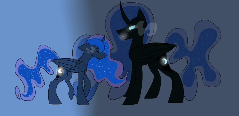 Size: 5000x2426 | Tagged: safe, artist:toptian, derpibooru import, nightmare moon, princess luna, alicorn, pony, duality, ethereal mane, eyes closed, female, image, mare, png, sombra eyes, starry mane