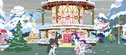 Size: 2500x1102 | Tagged: safe, artist:rapmlpandbttffan23, derpibooru import, rarity, rumble, sweetie belle, thunderlane, female, image, male, png, ponyville town hall, rarilane, rumbelle, shipping, snow, snowfall, straight