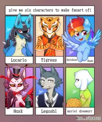 Size: 1072x1280 | Tagged: safe, artist:lollihopx, derpibooru import, rainbow dash, anthro, big cat, lucario, pegasus, pony, tiger, wolf, six fanarts, anthro with ponies, asriel dreemurr, beastars, bust, clothes, crossover, ear fluff, eye clipping through hair, eyelashes, female, hat, hazbin hotel, image, jpeg, kung fu panda, legosi (beastars), male, mare, necktie, open mouth, pokémon, signature, smiling, spread wings, top hat, undertale, wings