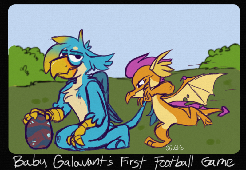 Size: 1907x1318 | Tagged: safe, artist:g-elric, derpibooru import, gallus, smolder, dragon, gryphon, hybrid, bad parenting, charlie brown, crossover, don't kick the damn baby, dragoness, egg, female, image, interspecies offspring, kick the baby, male, offspring, parent:gallus, parent:smolder, parents:smollus, parody, png, shipping, smollus, straight, wings