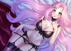 Size: 1280x922 | Tagged: suggestive, artist:draltruist, derpibooru import, fluttershy, human, adorasexy, anime, beautiful, beautisexy, bed, bedroom, belly, belly button, big breasts, black underwear, blushing, bow, bra, breasts, busty fluttershy, choker, clothes, commission, cute, cutie mark hair accessory, garter belt, humanized, image, lace, lingerie, long hair, open mouth, panties, panty pull, png, sexy, shadow, shyabetes, socks, stockings, thigh highs, underwear