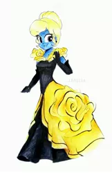 Size: 2322x3573 | Tagged: safe, artist:liaaqila, derpibooru import, oc, oc:azure/sapphire, unofficial characters only, equestria girls, beauty and the beast, belle, clothes, cosplay, costume, crossdressing, disney princess masquerade, ear piercing, earring, evening gloves, gloves, image, jewelry, jpeg, long gloves, piercing, solo, traditional art