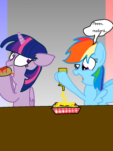 Size: 768x1024 | Tagged: safe, artist:crossovercartoons, derpibooru import, rainbow dash, twilight sparkle, twilight sparkle (alicorn), alicorn, pegasus, pony, bottle, cute, dialogue, digital art, drawing, food, gradient background, hot dog, image, implied eating, ketchup, looking down, looking right, meat, mustard, open mouth, png, ponies eating meat, pouring, sauce, sausage, table, that pony sure does love mustard, tongue out
