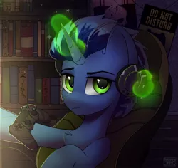 Size: 1642x1550 | Tagged: safe, artist:reterica, derpibooru import, oc, unofficial characters only, pony, unicorn, chair, chest fluff, commission, controller, gaming chair, glowing horn, horn, image, jpeg, looking at you, magic, sitting, solo