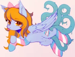 Size: 2460x1864 | Tagged: safe, artist:astralblues, artist:starrcoma, derpibooru import, oc, oc:sarah, pegasus, pony, bow, bowtie, chest fluff, clothes, cute, ear fluff, ear piercing, earring, female, fluffy, hair bow, image, jewelry, leg fluff, lying, lying down, mare, pegasus oc, pegasus wings, piercing, png, pride, pride flag, socks, solo, striped socks, tentacle tail, tentacles, tongue out, transgender pride flag, wings