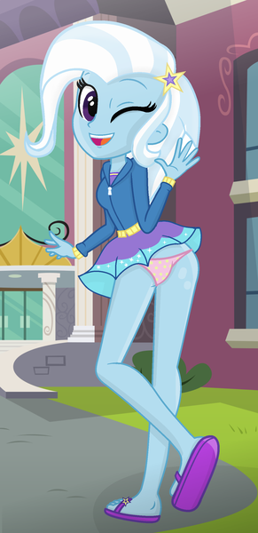 Size: 1270x2619 | Tagged: suggestive, artist:grapefruitface1, derpibooru import, trixie, equestria girls, base used, canterlot high, clothes, grass, happy, image, one eye closed, outdoors, panties, path, pink underwear, png, polka dot underwear, sandals, skirt, story included, underwear, upskirt, waving, wink