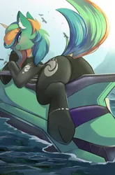 Size: 2054x3111 | Tagged: safe, artist:beardie, derpibooru import, oc, oc:sunny sandbar, unofficial characters only, pony, unicorn, female, image, jet ski, mare, png, solo, wetsuit