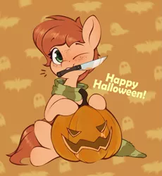 Size: 1055x1147 | Tagged: safe, artist:rexyseven, derpibooru import, oc, oc:rusty gears, unofficial characters only, earth pony, pony, clothes, cute, female, halloween, holiday, image, jack-o-lantern, knife, looking at you, mare, mouth hold, one eye closed, png, pumpkin, pumpkin carving, scarf, sitting, smiling, smiling at you, sock, solo, wink