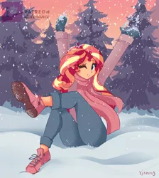 Size: 2190x2448 | Tagged: source needed, safe, artist:xjenn9, derpibooru import, sunset shimmer, equestria girls, arms in the air, blushing, clothes, crossed legs, cute, female, forest, grin, image, looking at you, mittens, one eye closed, patreon, patreon logo, png, scarf, shimmerbetes, shoes, signature, sitting, smiling, sneakers, snow, snowball, snowfall, solo, tree, wink