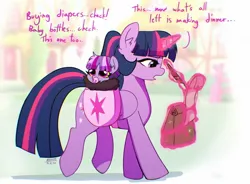 Size: 1800x1328 | Tagged: safe, artist:riukime, derpibooru import, twilight sparkle, twilight sparkle (alicorn), oc, oc:jinx, alicorn, draconequus, hybrid, pony, bag, checklist, commission, female, image, interspecies offspring, jpeg, levitation, magic, mama twilight, mother and child, mother and daughter, next generation, offspring, open mouth, paper bag, parent:discord, parent:twilight sparkle, parents:discolight, quill, saddle bag, scroll, telekinesis