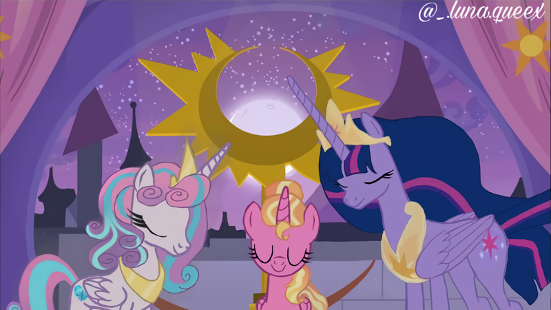 Size: 1920x1080 | Tagged: safe, artist:luna.queex, derpibooru import, luster dawn, princess flurry heart, princess twilight 2.0, twilight sparkle, twilight sparkle (alicorn), alicorn, pony, the last problem, the summer sun setback, alicornified, crown, eyelashes, eyes closed, female, horn, image, jewelry, lustercorn, mare, night, older, older flurry heart, older twilight, peytral, png, race swap, regalia, signature, smiling, stars, wings