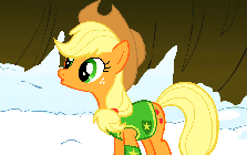 Size: 223x140 | Tagged: safe, derpibooru import, edit, edited screencap, screencap, applejack, earth pony, pony, winter wrap up, animated, applejack's hat, clothes, cowboy hat, cropped, cute, female, floppy ears, freckles, gif, gif for breezies, happy, hat, hoofy-kicks, image, jackabetes, loop, mare, open mouth, picture for breezies, rearing, reversed, snow, solo, talking, vest, winter wrap up vest, yeehaw