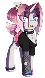 Size: 1604x2740 | Tagged: safe, artist:lockheart, derpibooru import, oc, oc:claire, unofficial characters only, pony, unicorn, black lipstick, blue eyes, chest fluff, choker, clothes, ear piercing, eyebrow piercing, eyeshadow, female, fishnet clothing, gym shorts, image, leg band, lidded eyes, lip piercing, lipstick, looking at you, makeup, mare, nose piercing, pastel goth, piercing, png, shirt, shorts, side slit, simple background, solo, spiked choker, tomboy, white background, wristband