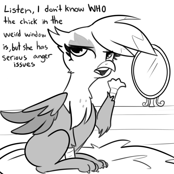 Size: 3000x3000 | Tagged: safe, artist:tjpones, derpibooru import, gilda, gryphon, behaving like a bird, behaving like a cat, black and white, catbird, cute, dialogue, dweeb, female, gildadorable, grayscale, griffons doing bird things, griffons doing cat things, hypocrisy, image, mirror, monochrome, nest, png, silly, solo, talking to viewer, text