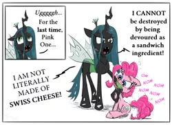 Size: 1850x1341 | Tagged: safe, artist:chopsticks, derpibooru import, pinkie pie, queen chrysalis, changeling, earth pony, pony, cheek fluff, cheese, cheeselegs, chest fluff, comic, cute, dialogue, diapinkes, fangs, female, food, image, nom, open mouth, pinkie logic, png, sandwich, simple background, sitting, swiss cheese, text, unshorn fetlocks, yelling