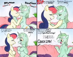 Size: 1000x778 | Tagged: suggestive, artist:aliciavanhammer, derpibooru import, bon bon, lyra heartstrings, sweetie drops, earth pony, pony, unicorn, bon bon is not amused, comic, couch, female, flirting, image, jpeg, kissing, lesbian, lyrabon, mare, pun, shipping, unamused