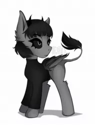 Size: 1537x2021 | Tagged: safe, artist:sacarver, derpibooru import, oc, oc:pansy, unofficial characters only, bat pony, pegasus, pony, bat pony oc, bat wings, black sclera, clothes, image, jpeg, leonine tail, pony oc, ponysona, shirt, solo, thestral, wings