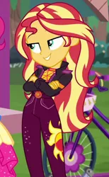 Size: 500x810 | Tagged: safe, derpibooru import, screencap, pinkie pie, sunset shimmer, equestria girls, equestria girls series, sunset's backstage pass!, spoiler:eqg series (season 2), clothes, cropped, crossed arms, geode of empathy, image, magical geodes, music festival outfit, png, sexy, smiling, smirk, smugset shimmer