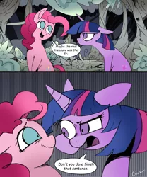 Size: 2950x3546 | Tagged: safe, artist:colochenni, derpibooru import, pinkie pie, twilight sparkle, earth pony, pony, unicorn, comic, dialogue, drawthread, female, forest, image, mare, out of character, png, scrunchy face, tree, twilight is not amused, unamused, unicorn twilight