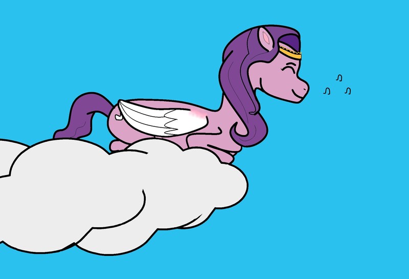 Size: 1970x1341 | Tagged: safe, artist:ksldrdpl, derpibooru import, pipp petals, pegasus, pony, cloud, eyes closed, female, g5, happy, image, jpeg, mane, music notes, on a cloud, solo, tail, wings