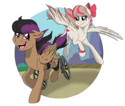 Size: 9501x8061 | Tagged: safe, artist:faitheverlasting, derpibooru import, angel wings, stellar eclipse, pegasus, pony, top bolt, trade ya, absurd resolution, duo, female, flying, grin, image, make a wish, make a wish foundation, male, mare, open mouth, png, redraw, running, simple background, smiling, spread wings, stallion, transparent background, unshorn fetlocks, wheelchair, wings