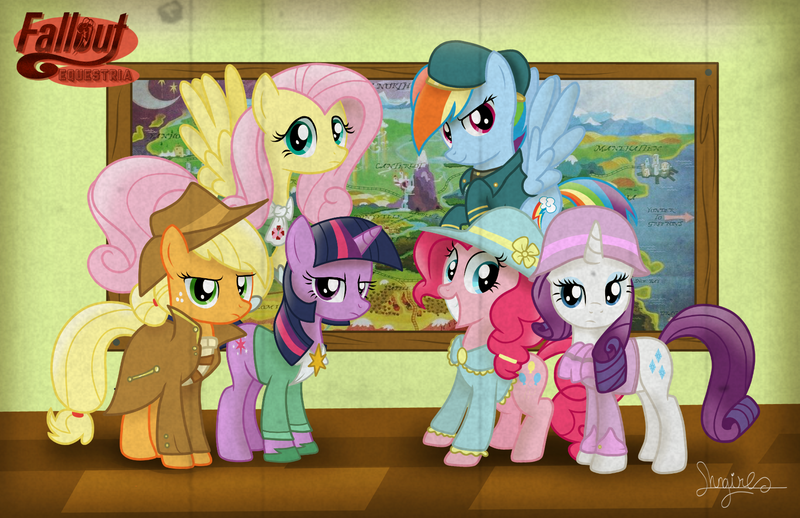 Size: 1700x1100 | Tagged: safe, artist:shungire, derpibooru import, applejack, fluttershy, pinkie pie, rainbow dash, rarity, twilight sparkle, earth pony, pegasus, pony, unicorn, fallout equestria, brooch, clothes, flower, hat, image, jewelry, logo, mane six, map, map of equestria, ministry of arcane sciences, ministry of awesome, ministry of image, ministry of morale, ministry of peace, ministry of wartime technology, overcoat, png, unicorn twilight, uniform, uniform hat