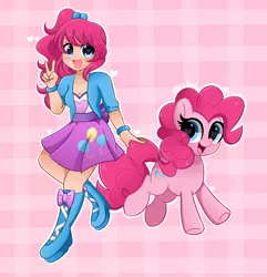 Size: 3945x4096 | Tagged: safe, artist:kittyrosie, derpibooru import, pinkie pie, earth pony, pony, equestria girls, alternate hairstyle, blushing, bracelet, breasts, cleavage, clothes, cute, diapinkes, heart eyes, human coloration, human ponidox, image, jewelry, jpeg, open mouth, peace sign, self ponidox, shoes, wingding eyes