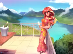 Size: 1834x1348 | Tagged: safe, alternate version, artist:sugarlesspaints, derpibooru import, sunset shimmer, human, equestria girls, alcohol, balcony, bottle, breasts, busty sunset shimmer, champagne, champagne bucket, champagne glass, champagne on ice, cleavage, clothes, dress, ear piercing, earring, human coloration, image, jewelry, lake, looking at you, mountain, mountain range, piercing, png, ring, scenery, smiling, solo, table, wine