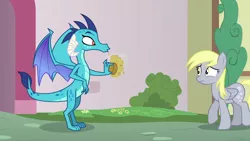 Size: 1280x720 | Tagged: safe, derpibooru import, screencap, derpy hooves, princess ember, dragon, pegasus, triple threat, backing away, duo, duo female, female, food, image, muffin, png, r.i.p derpy's delicious muffin, shocked face, squashed, squashing, this will end in revenge