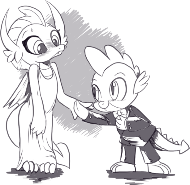 Size: 891x871 | Tagged: safe, artist:nauyaco, derpibooru import, smolder, spike, dragon, blushing, clothes, dress, female, grayscale, image, male, monochrome, png, shipping, spolder, straight, tuxedo